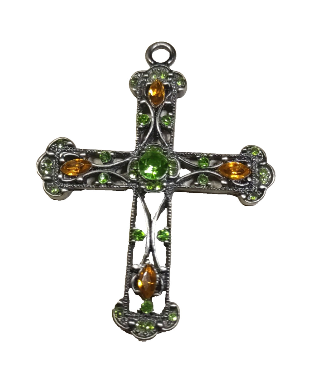 Rhinestone Cross Gray Metal Scroll Work Pendant Pink Green